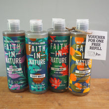 Load image into Gallery viewer, Four bottles of Faith in Nature products on a wooden surface with a gray background.