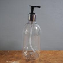 Load image into Gallery viewer, Clear plastic bottle with black pump on a wooden surface and gray background
