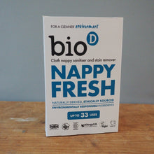 Load image into Gallery viewer, A white box of bioD Nappy Fresh cloth nappy sanitiser and stain remover standing on a wooden tabletop against a gray wall.

