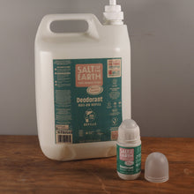 Load image into Gallery viewer, A large white plastic deodorant jug with a pump dispenser stands on a wooden surface against a gray wall. In front of it is a smaller matching deodorant bottle with its cap removed and placed beside it.
