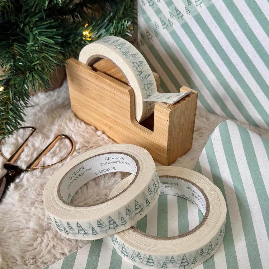 50m Paper Tape- Green Fir Trees (white) (24mm wide)